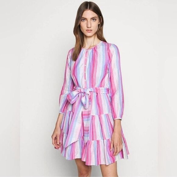 J. Crew Belted Button-up Dress in Pastel Stripe Rainbow Pink Purple SZ XS AP188 - Picture 1 of 16